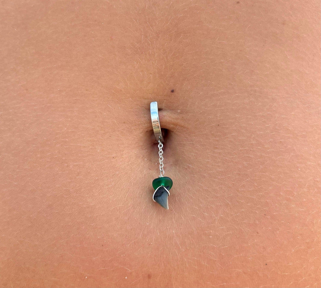 Sea Glass & Shark Tooth Drop Clicker Belly Ring