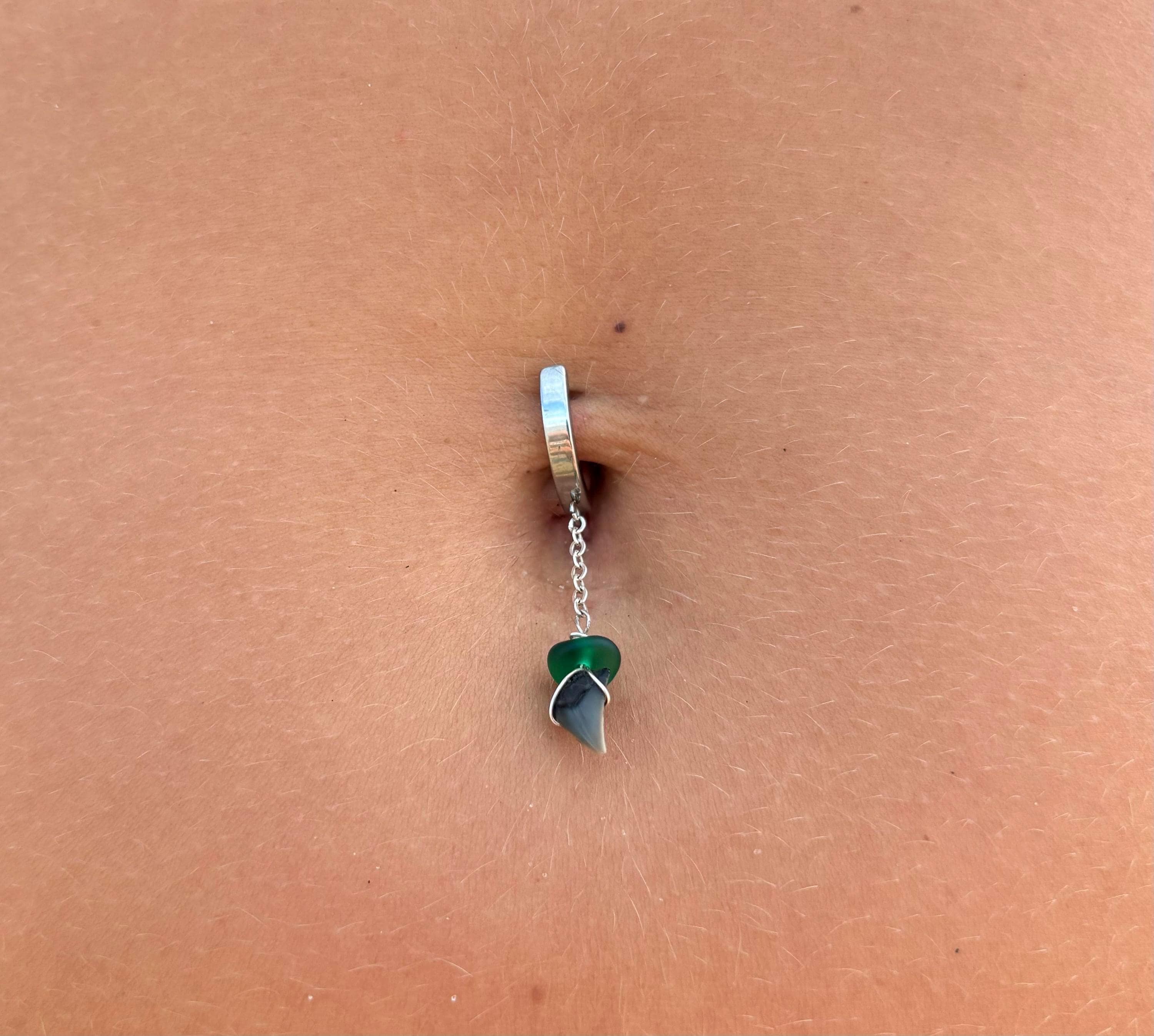Sea Glass & Shark Tooth Drop Clicker Belly Ring