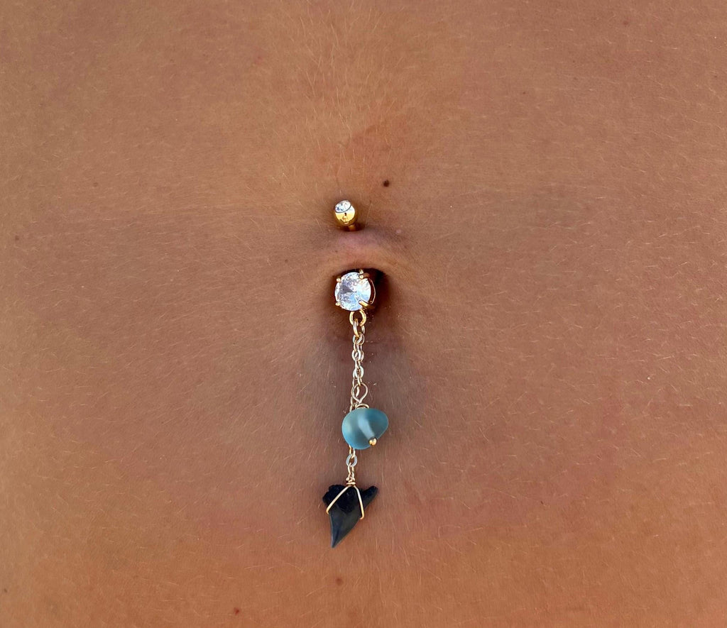 Sea Glass & Shark Tooth Double Drop Belly Ring