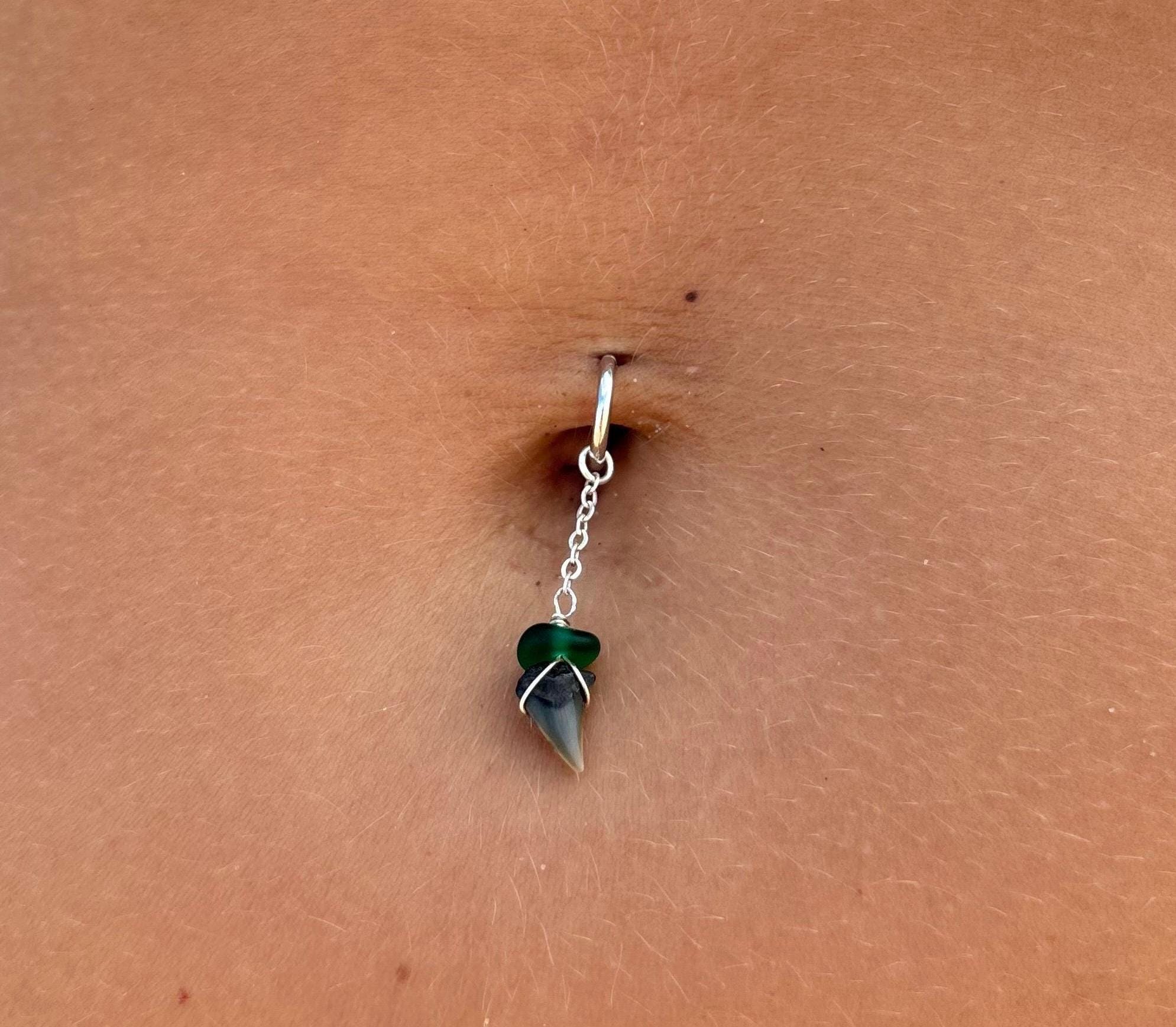 Shark Tooth & Sea Glass Drop Hoop Belly Ring